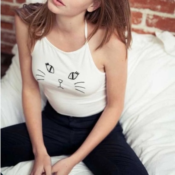 Crop Tops Shirt Cat Print  Black White - Picture 5 of 5